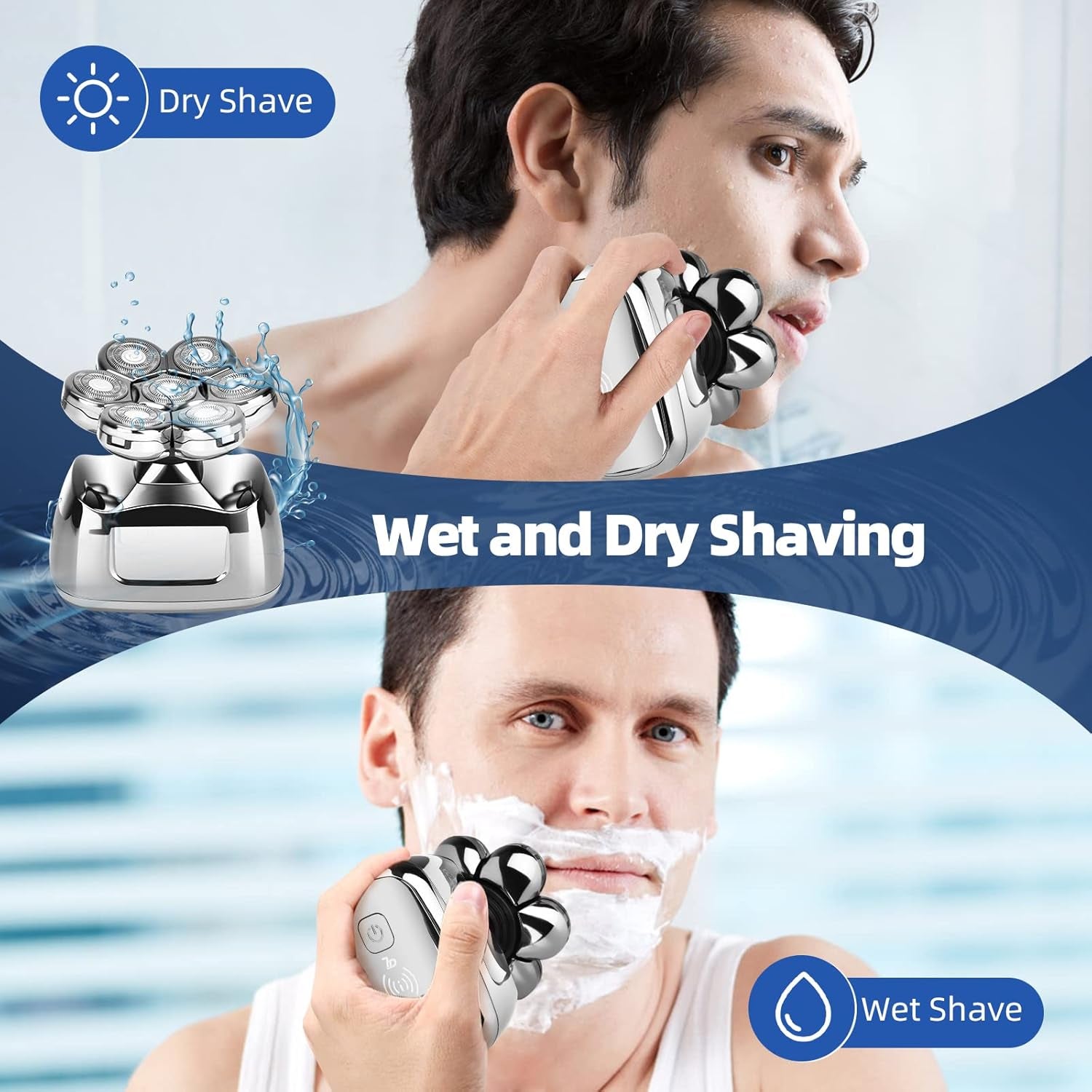 Rasoir À Tête Chauve Homme 7D, Rasoir Electriques Hommes Sans Fil Avec Base De Charge Rapide, 6 En 1 Tondeuse À Barbe Rechargeable, Rasoir Electrique Tondeuse Cheveux Avec Étanche, Affichage LED