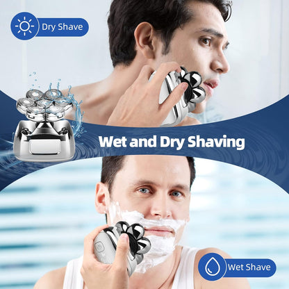 Rasoir À Tête Chauve Homme 7D, Rasoir Electriques Hommes Sans Fil Avec Base De Charge Rapide, 6 En 1 Tondeuse À Barbe Rechargeable, Rasoir Electrique Tondeuse Cheveux Avec Étanche, Affichage LED