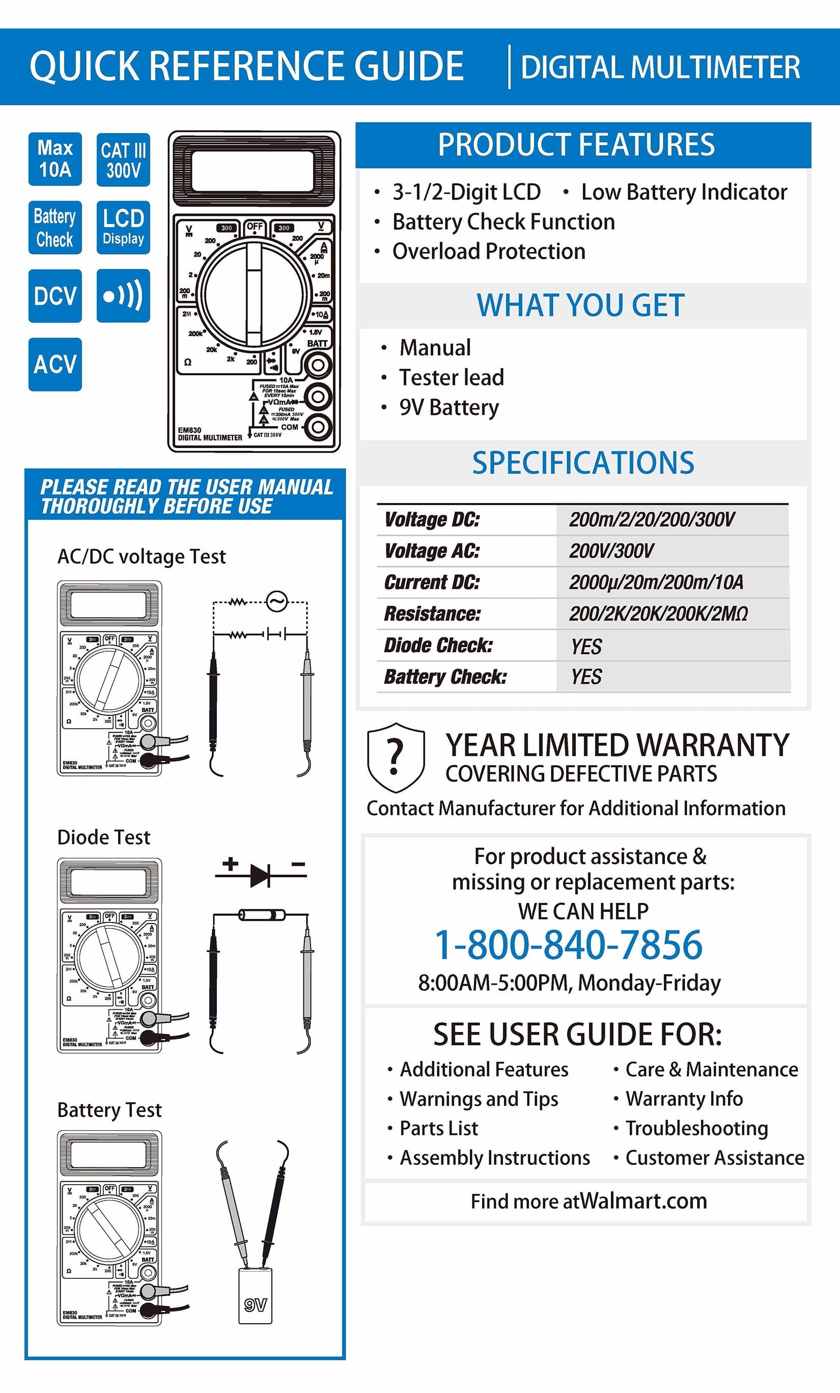 Digital Multimeter TD35235J, 3 1/2 Digit Screen, New, 4.25 Inch Assembled Product Width