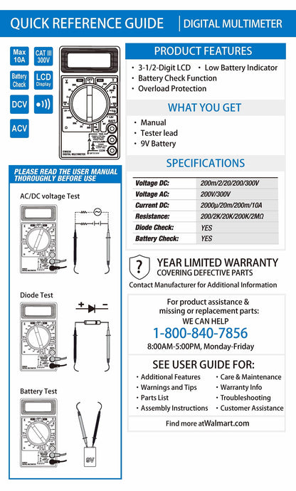 Digital Multimeter TD35235J, 3 1/2 Digit Screen, New, 4.25 Inch Assembled Product Width