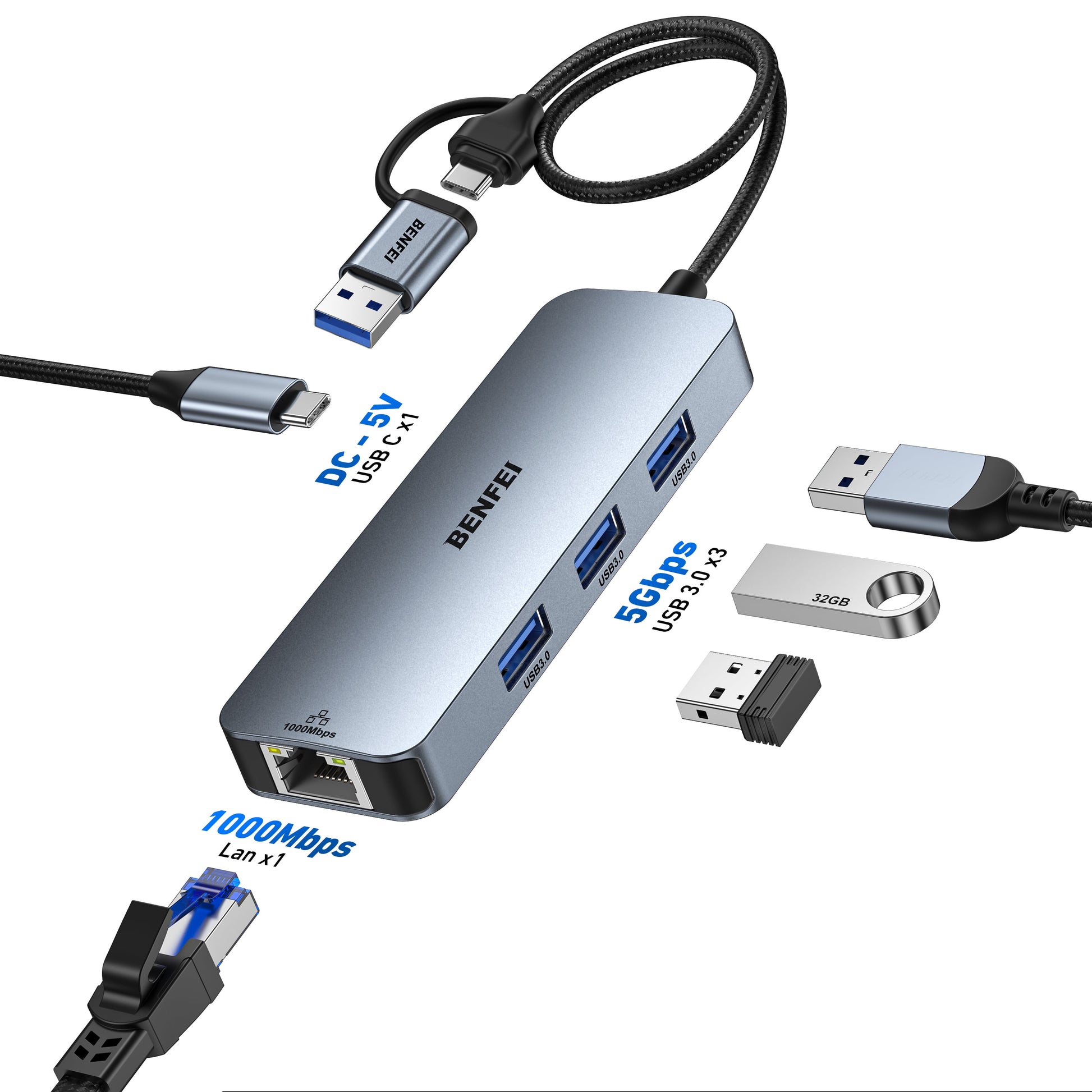 USB-C USB 3.0 to Gigabit Ethernet Adapter with 3-Port USB 3.0