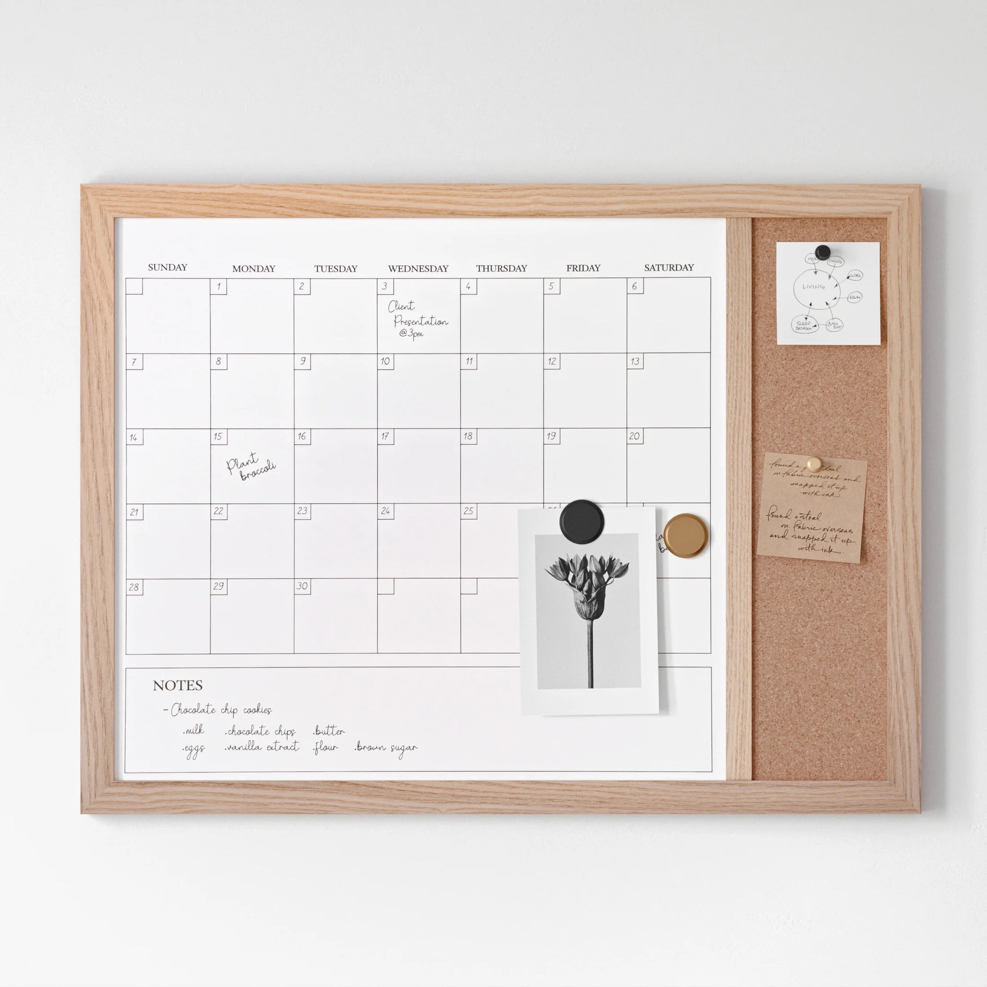 Everette 24"X18" Magnetic Dry Erase Monthly Calendar and Cork Board Combo with Included Marker, Magnets, and Push Pins, Light Natural Woodgrain Frame