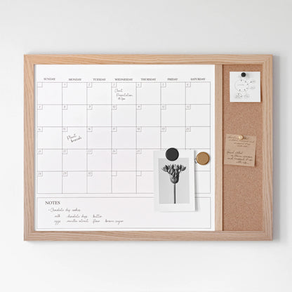 Everette 24"X18" Magnetic Dry Erase Monthly Calendar and Cork Board Combo with Included Marker, Magnets, and Push Pins, Light Natural Woodgrain Frame