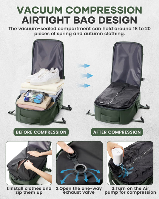 Large Vacuum Travel Backpack with Pump for Women,Airback Personal Item Carry on Backpacks Flight Approved 18X14X8 Inches for Men,Laptop Waterproof Work Compression Bags Casual Daypack,Brown Green