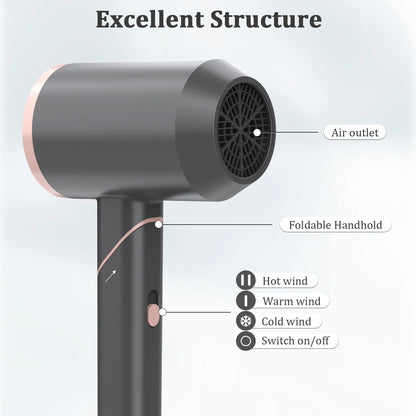 Hair Dryer, 1800W Fast Hair Blower with Constant Temperature, Negative Ionic Blow Dryer for Curly Hair Reduce Frizz & Damage Free, Foldable & Safe Plug Blower