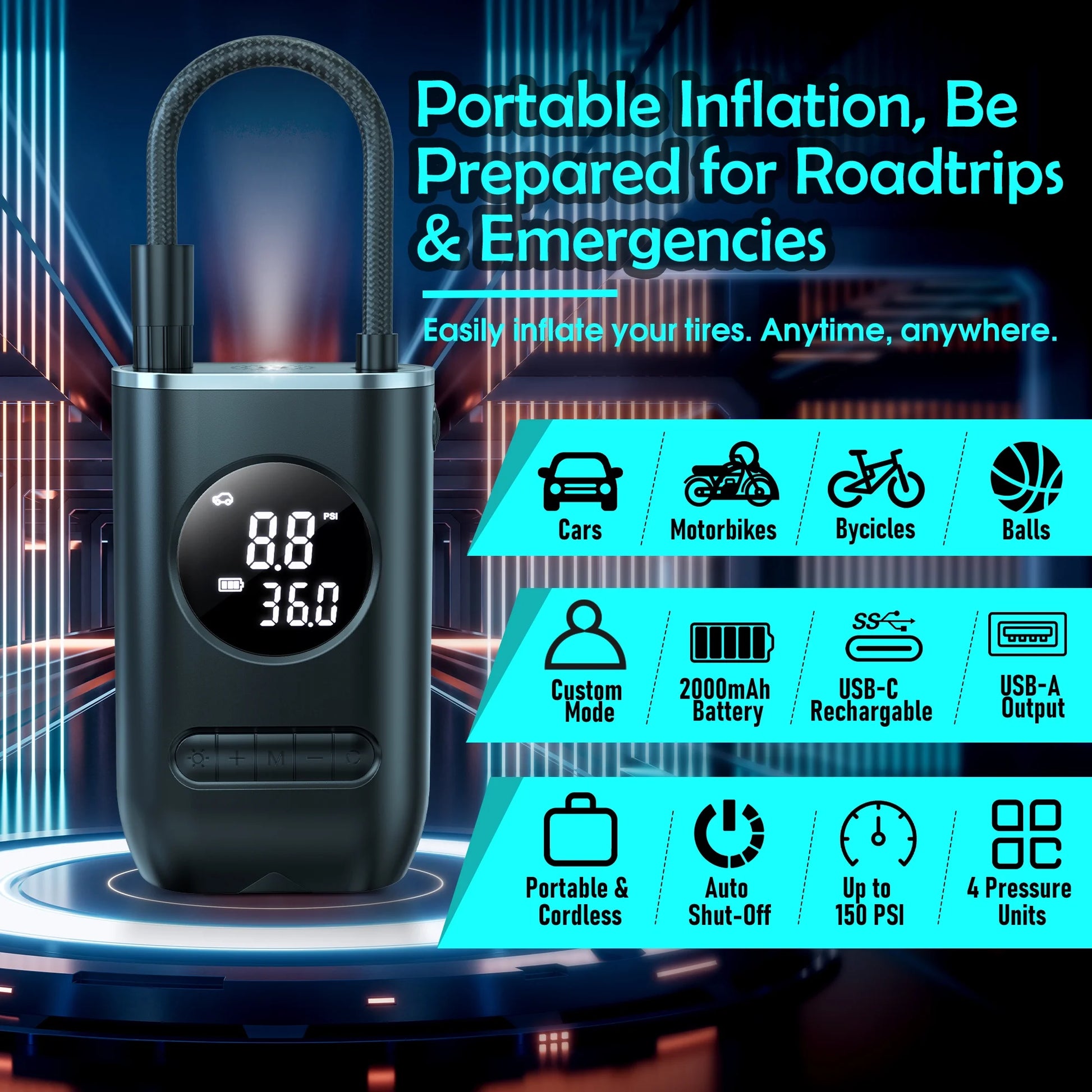Portable Air Pump with Digital Pressure Gauge