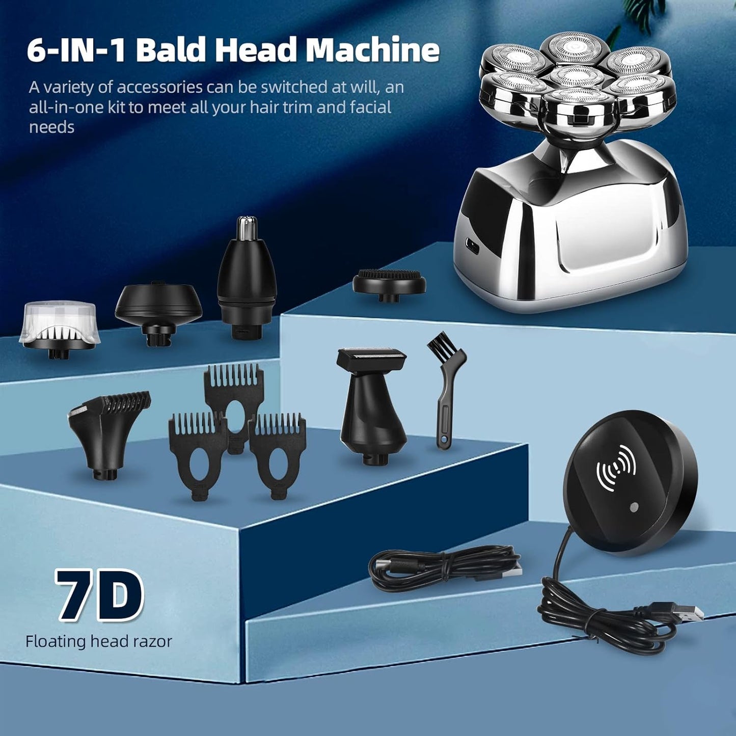 Rasoir À Tête Chauve Homme 7D, Rasoir Electriques Hommes Sans Fil Avec Base De Charge Rapide, 6 En 1 Tondeuse À Barbe Rechargeable, Rasoir Electrique Tondeuse Cheveux Avec Étanche, Affichage LED