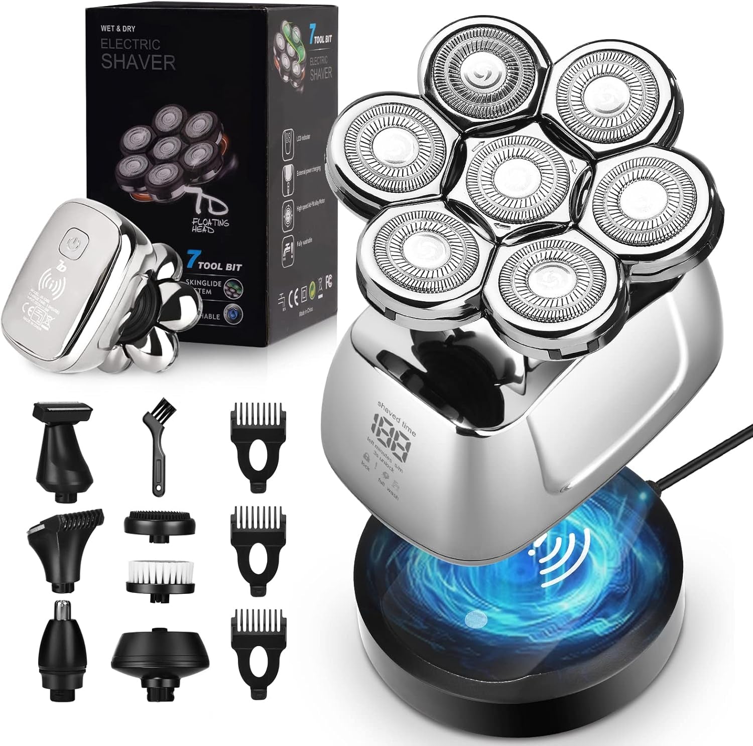 Rasoir À Tête Chauve Homme 7D, Rasoir Electriques Hommes Sans Fil Avec Base De Charge Rapide, 6 En 1 Tondeuse À Barbe Rechargeable, Rasoir Electrique Tondeuse Cheveux Avec Étanche, Affichage LED