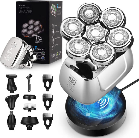 Rasoir À Tête Chauve Homme 7D, Rasoir Electriques Hommes Sans Fil Avec Base De Charge Rapide, 6 En 1 Tondeuse À Barbe Rechargeable, Rasoir Electrique Tondeuse Cheveux Avec Étanche, Affichage LED