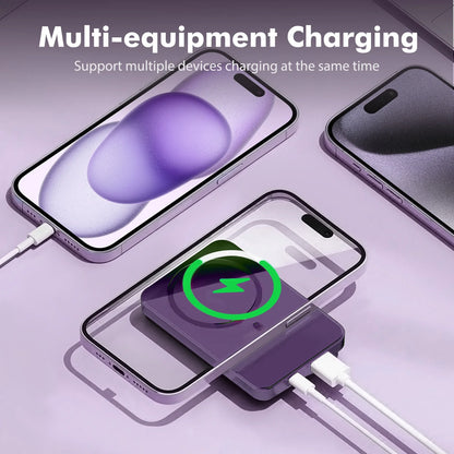 Wireless Power Bank, 10000Mah Super Capacity, with LED Power Display, 2 in 1 Portable Magnetic Power Bank, Compatible with Multi Device with Cable, Purple