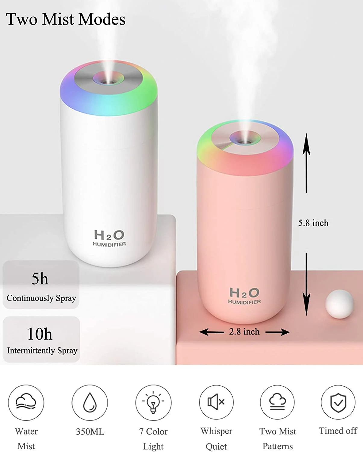 Small Humidifier, 350Ml Small Humidifiers for Bedroom, Portable Humidifier, LED Humidifiers with Night Light, USB Humidifier, Humi