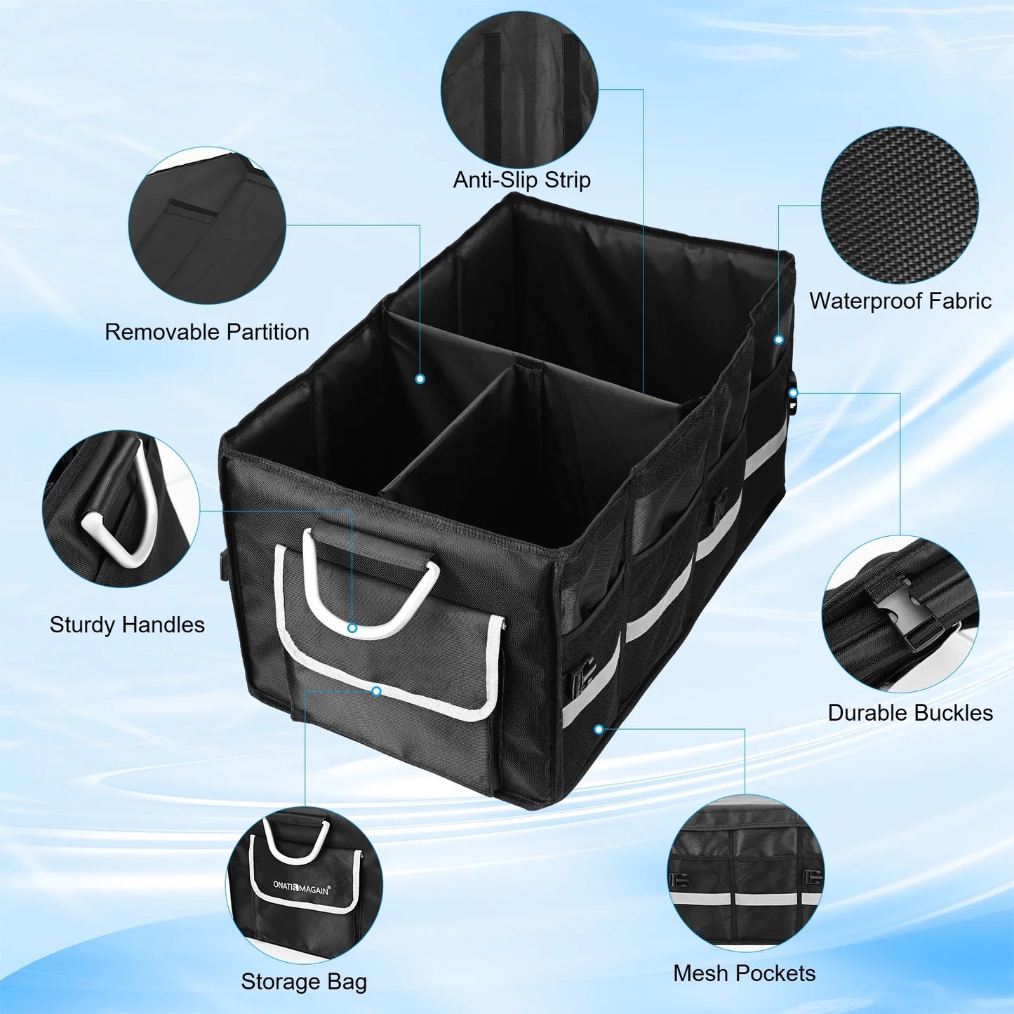 Car Trunk Organizer for SUV,  Collapsible Multi Compartments Trunk Vehicle Organizer, Waterproof Car Storage Organizer with Foldable Lid, Aluminium Handle, Non Slip Bottom (Black)