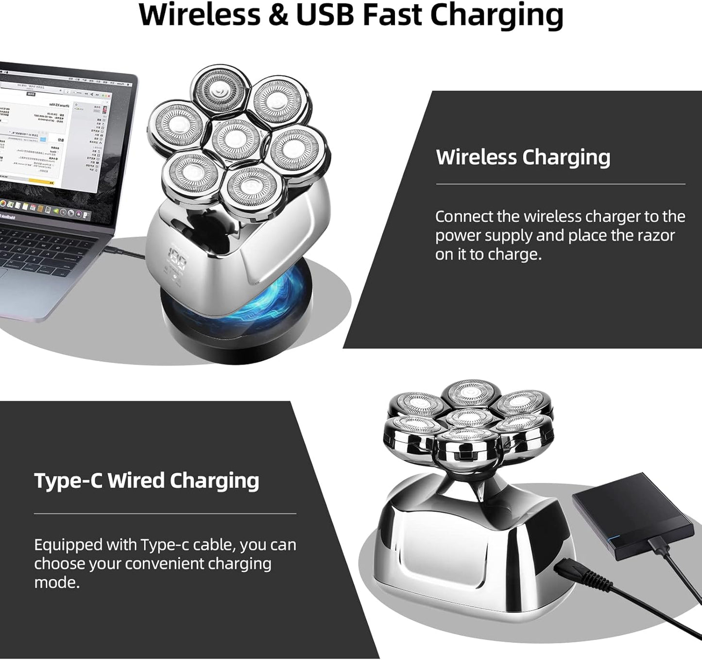 Rasoir À Tête Chauve Homme 7D, Rasoir Electriques Hommes Sans Fil Avec Base De Charge Rapide, 6 En 1 Tondeuse À Barbe Rechargeable, Rasoir Electrique Tondeuse Cheveux Avec Étanche, Affichage LED