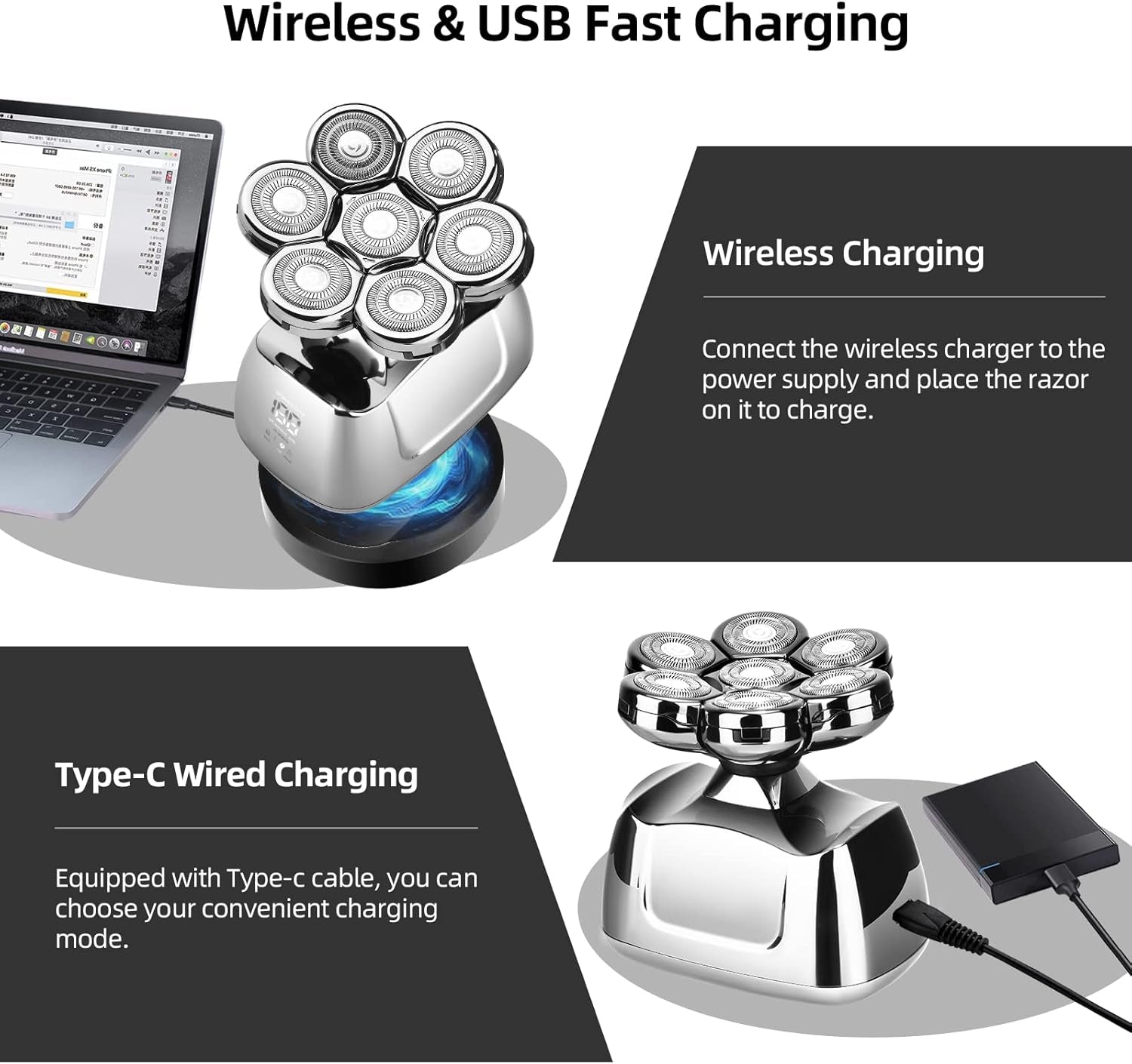 Rasoir À Tête Chauve Homme 7D, Rasoir Electriques Hommes Sans Fil Avec Base De Charge Rapide, 6 En 1 Tondeuse À Barbe Rechargeable, Rasoir Electrique Tondeuse Cheveux Avec Étanche, Affichage LED