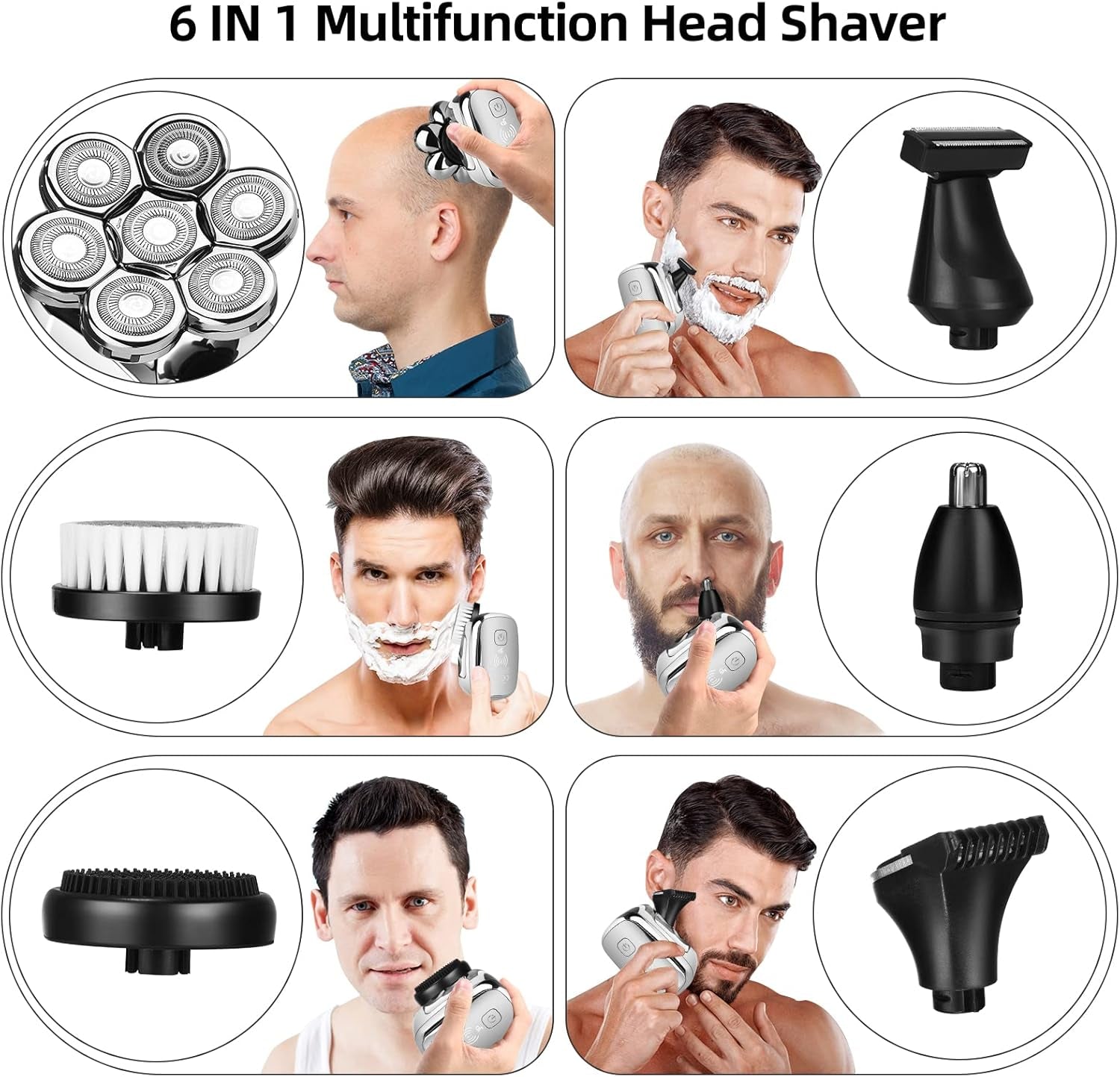 Rasoir À Tête Chauve Homme 7D, Rasoir Electriques Hommes Sans Fil Avec Base De Charge Rapide, 6 En 1 Tondeuse À Barbe Rechargeable, Rasoir Electrique Tondeuse Cheveux Avec Étanche, Affichage LED