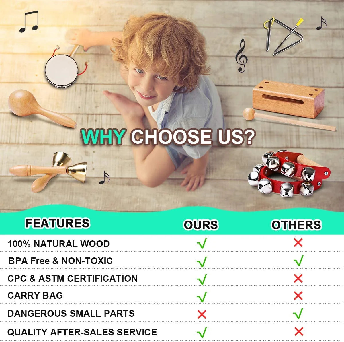 Toddler Musical Instruments Natural Wooden Percussion Instruments Toy for Kids Preschool Educationa Musical Toys Set for Boys Girls with Storage Bag