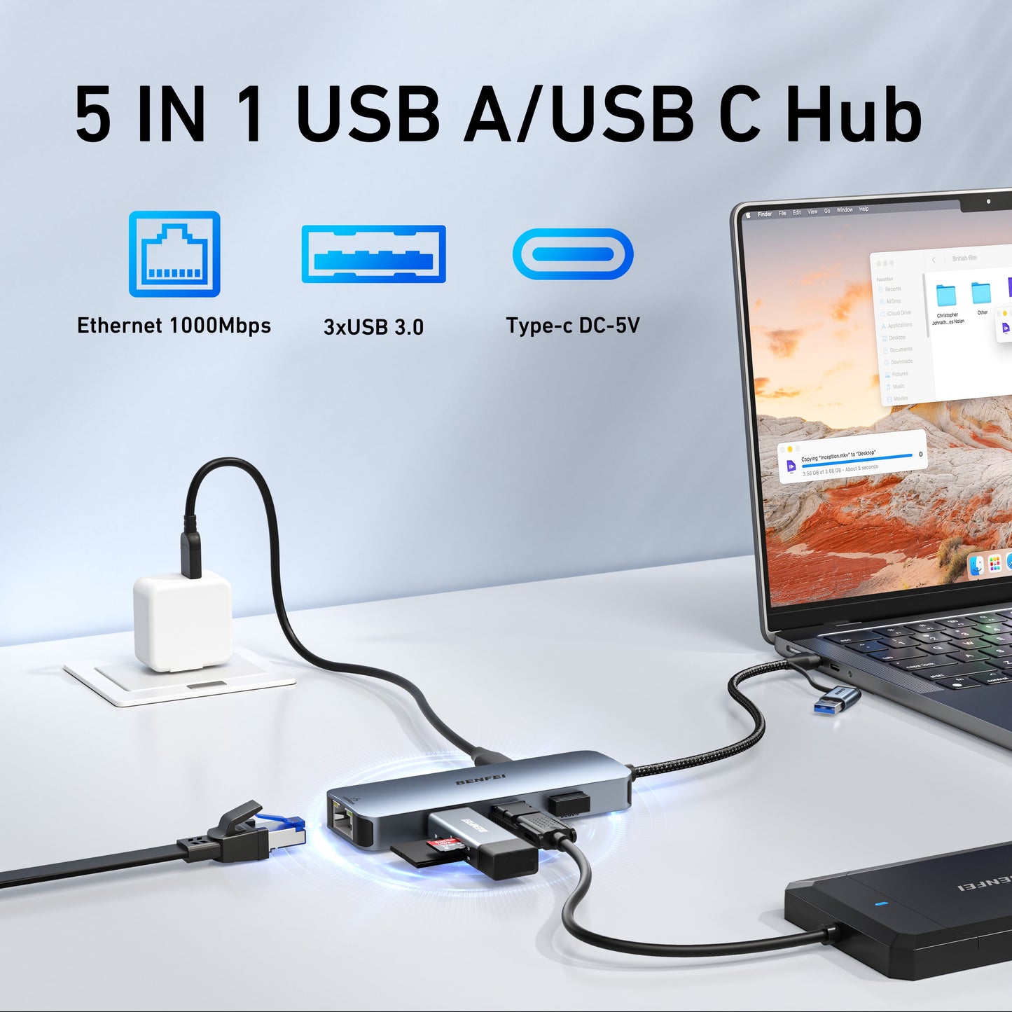USB-C USB 3.0 to Gigabit Ethernet Adapter with 3-Port USB 3.0