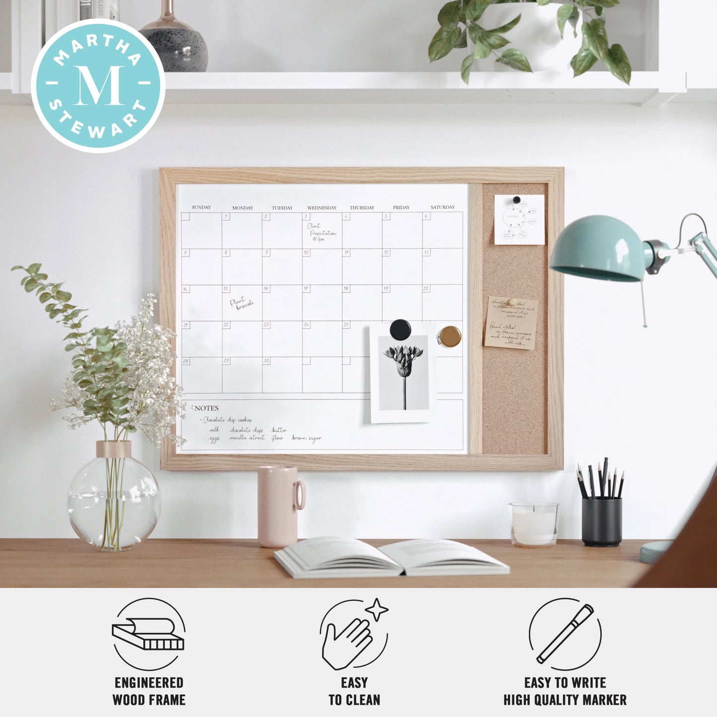 Everette 24"X18" Magnetic Dry Erase Monthly Calendar and Cork Board Combo with Included Marker, Magnets, and Push Pins, Light Natural Woodgrain Frame