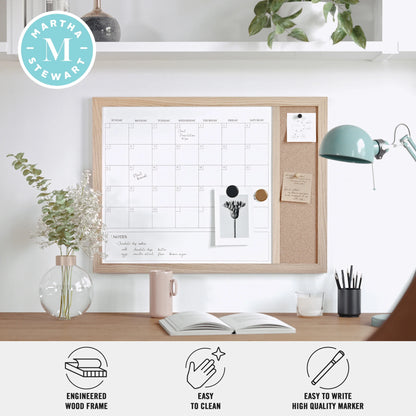 Everette 24"X18" Magnetic Dry Erase Monthly Calendar and Cork Board Combo with Included Marker, Magnets, and Push Pins, Light Natural Woodgrain Frame