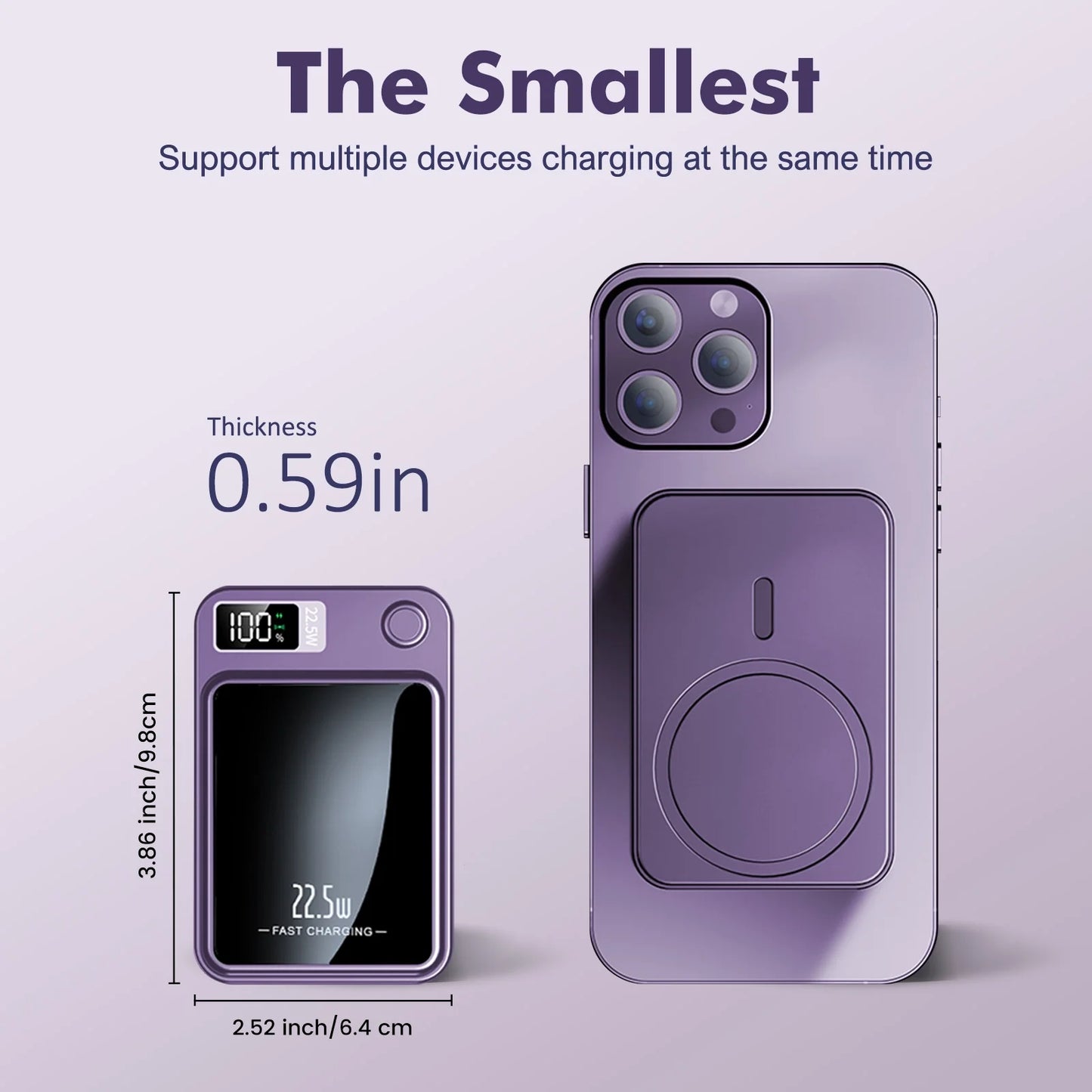 Wireless Power Bank, 10000Mah Super Capacity, with LED Power Display, 2 in 1 Portable Magnetic Power Bank, Compatible with Multi Device with Cable, Purple