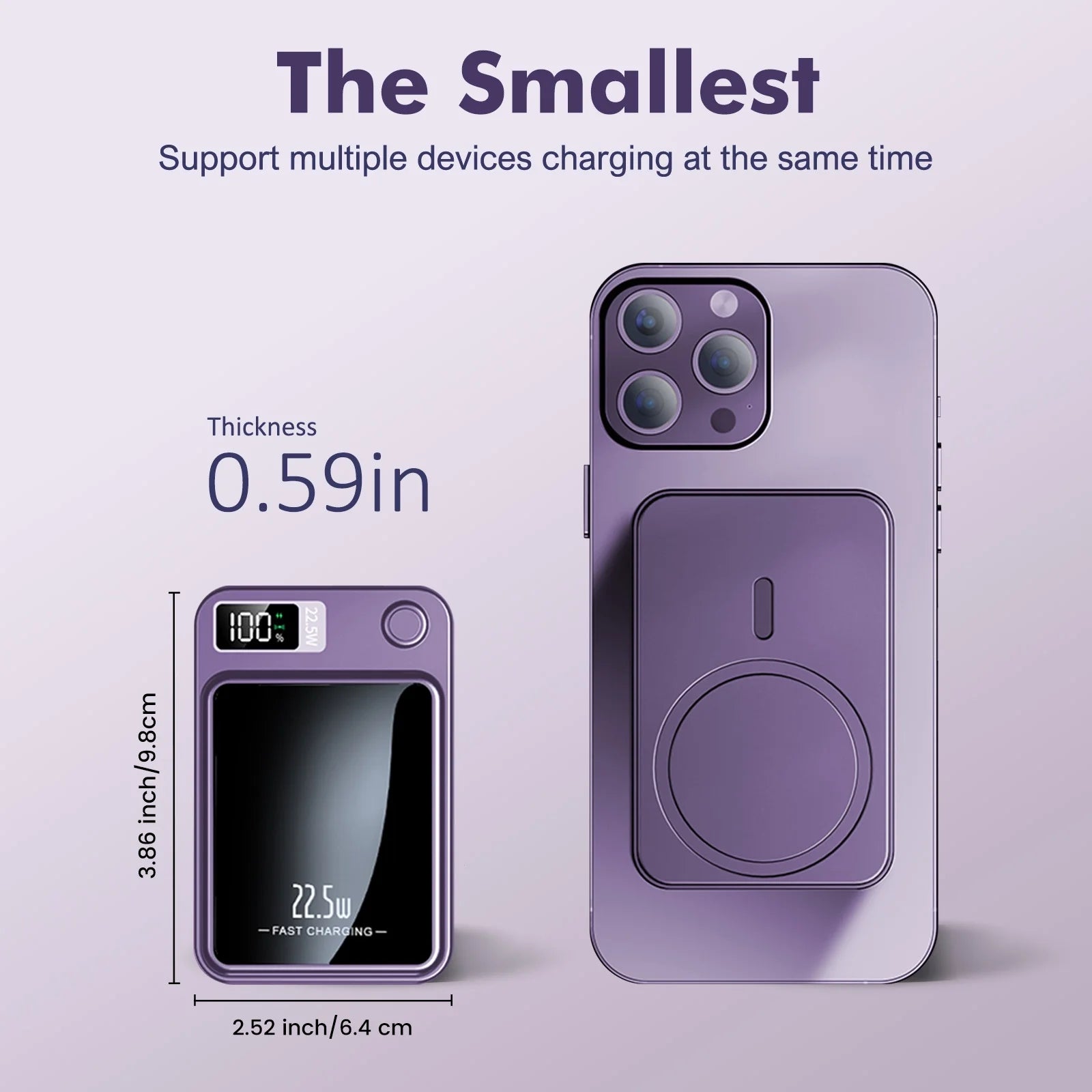 Wireless Power Bank, 10000Mah Super Capacity, with LED Power Display, 2 in 1 Portable Magnetic Power Bank, Compatible with Multi Device with Cable, Purple