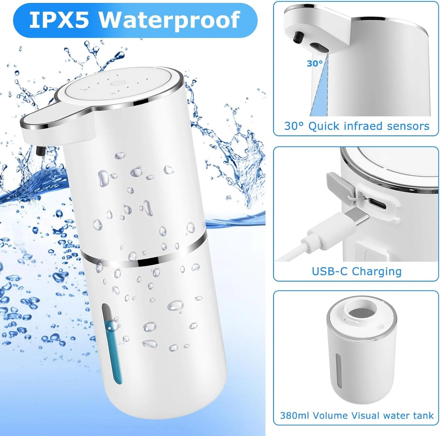 Automatic Liquid Soap Dispenser, 380ML USB Rechargeable Touchless Dispenser Electric Wall Mounted 4 Levels Adjustable Liquid Soap Dispenser Pump for Bathroom Kitchen Dish Soap