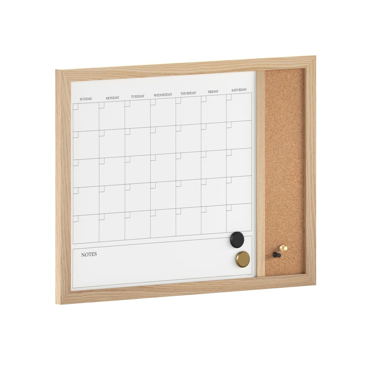 Everette 24"X18" Magnetic Dry Erase Monthly Calendar and Cork Board Combo with Included Marker, Magnets, and Push Pins, Light Natural Woodgrain Frame