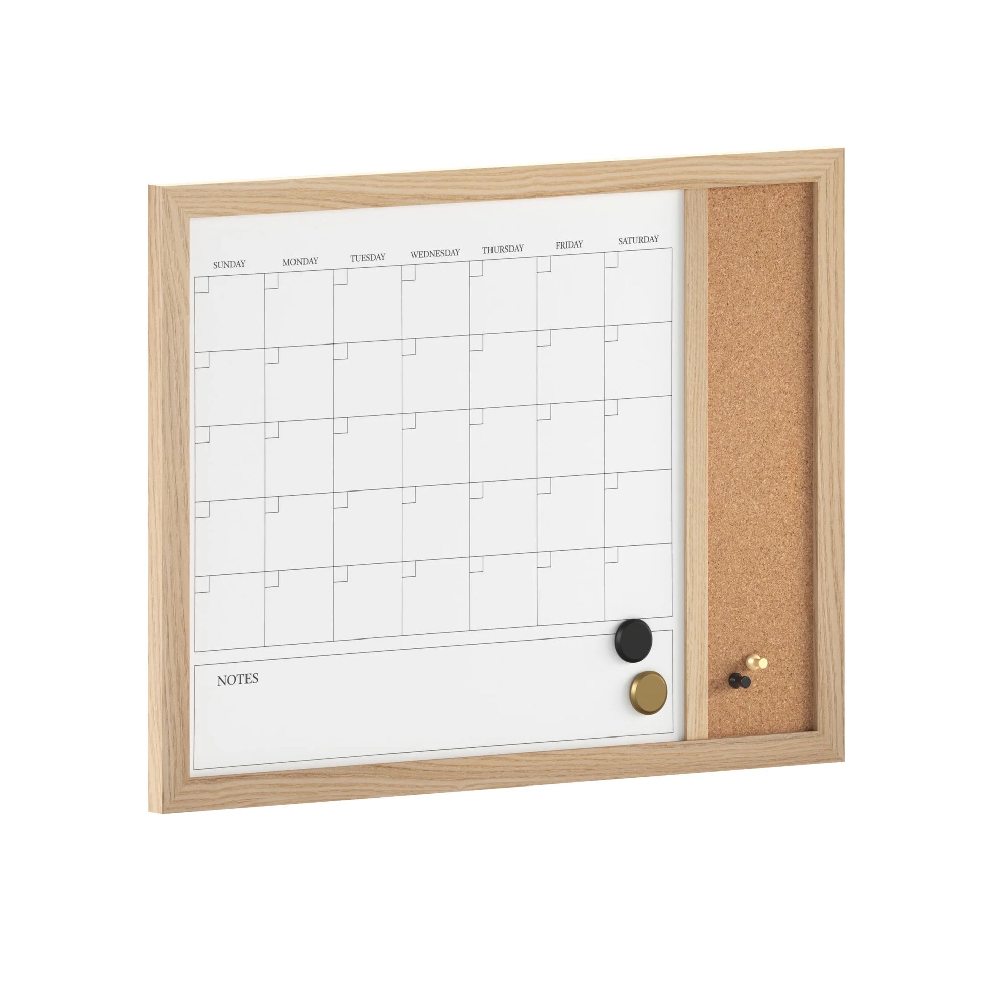 Everette 24"X18" Magnetic Dry Erase Monthly Calendar and Cork Board Combo with Included Marker, Magnets, and Push Pins, Light Natural Woodgrain Frame