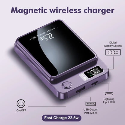 Wireless Power Bank, 10000Mah Super Capacity, with LED Power Display, 2 in 1 Portable Magnetic Power Bank, Compatible with Multi Device with Cable, Purple