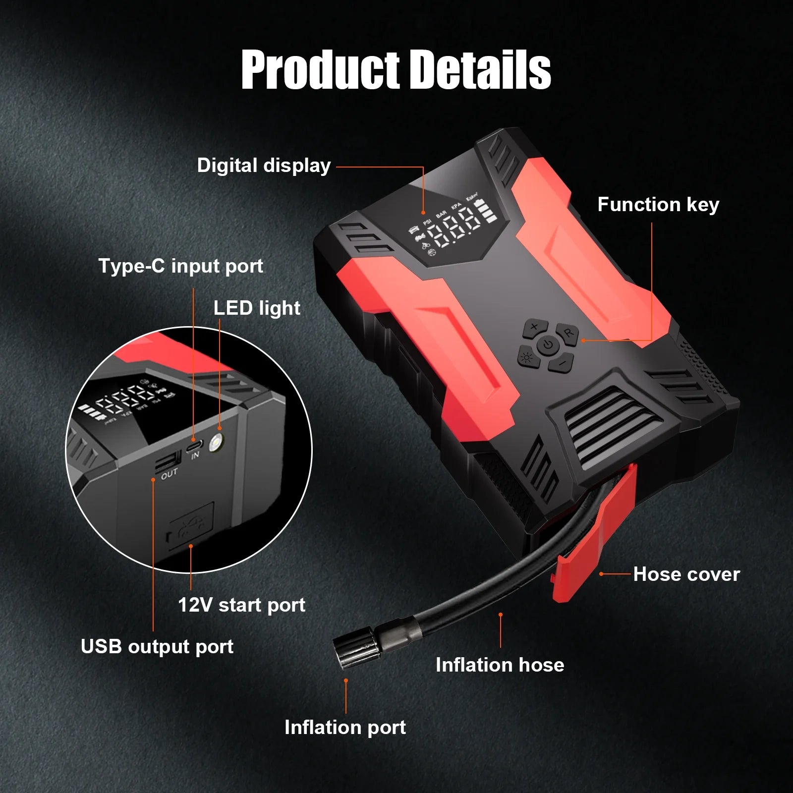 Car Jump Starter, 4000A Peak 30000Mah 150PSI Tire Inflator Digital Display LED Light