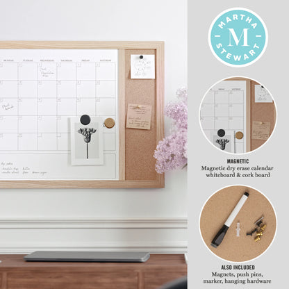 Everette 24"X18" Magnetic Dry Erase Monthly Calendar and Cork Board Combo with Included Marker, Magnets, and Push Pins, Light Natural Woodgrain Frame