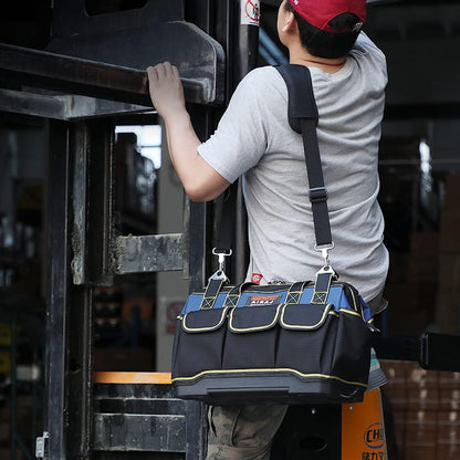 Tool Bag 16 Inch,Wide Mouth Tool Bags for Men Heavy Duty with Waterproof Molded Base,Tools Organizer for Home Repairs,Garage Storage,Professional Work,Adjustable Shoulder Strap,Blue
