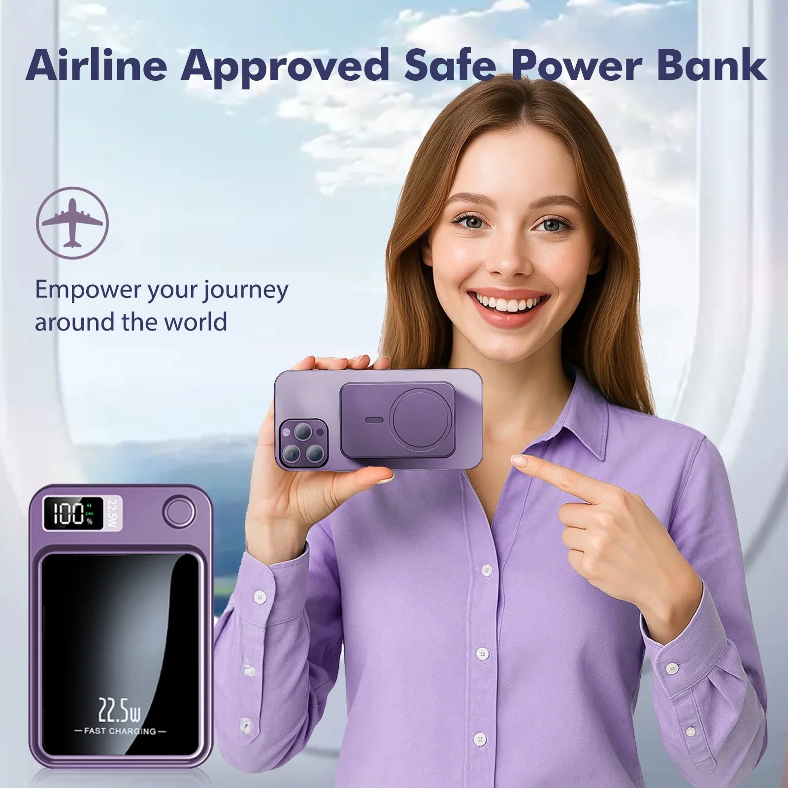 Wireless Power Bank, 10000Mah Super Capacity, with LED Power Display, 2 in 1 Portable Magnetic Power Bank, Compatible with Multi Device with Cable, Purple