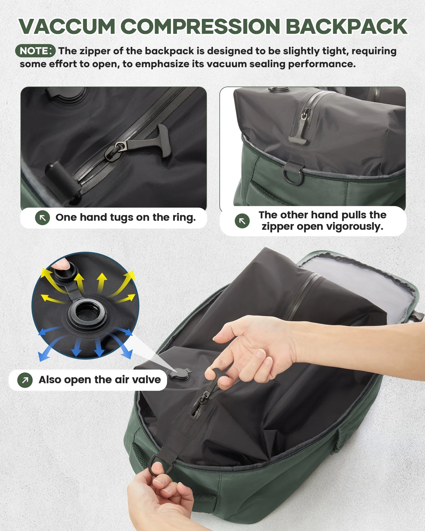 Large Vacuum Travel Backpack with Pump for Women,Airback Personal Item Carry on Backpacks Flight Approved 18X14X8 Inches for Men,Laptop Waterproof Work Compression Bags Casual Daypack,Brown Green