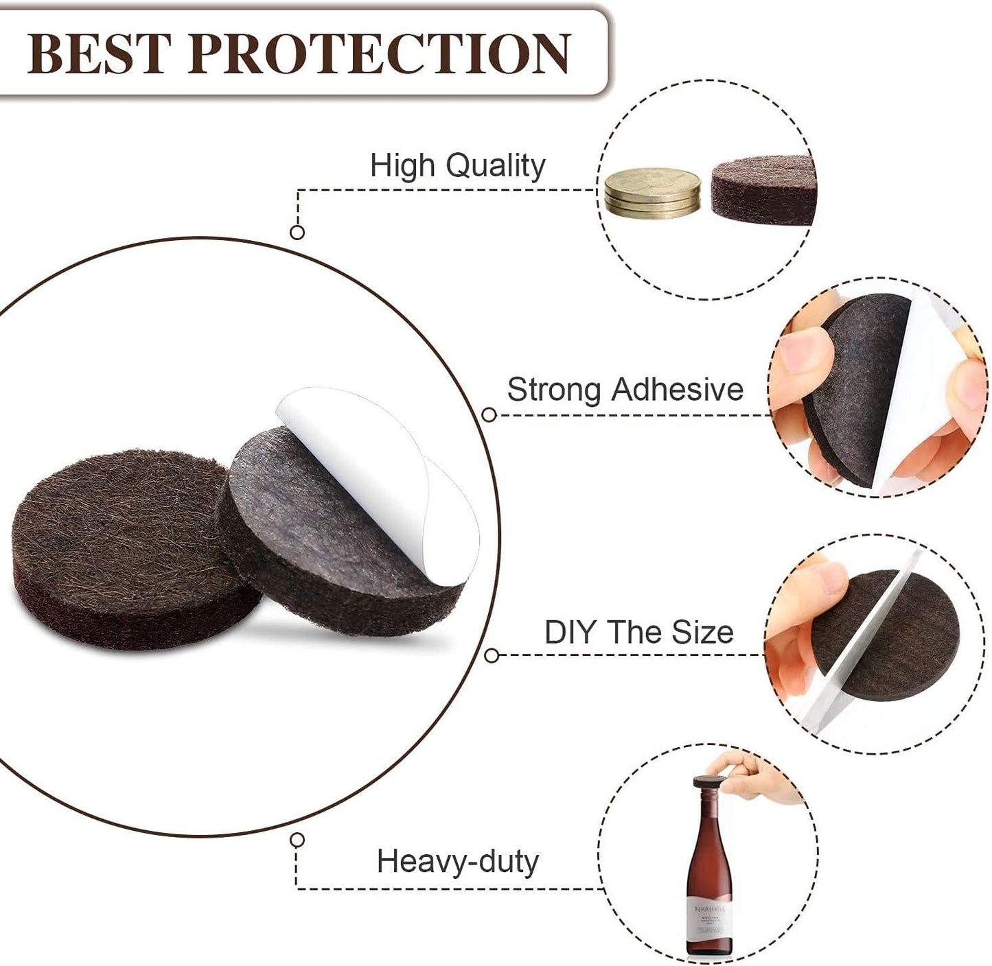 Felt Furniture Pads -56 Pcs(1+2)” Premium Felt Pads for Chair Legs Furniture, Floor Protectors for Hardwood Floors,Brown